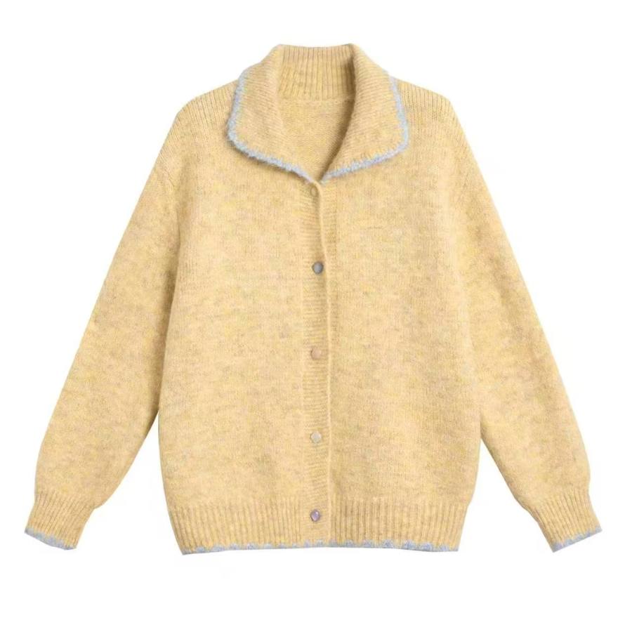 Tonlion Knitwear Women's Soft Yellow Lapel Moderate Cardigan