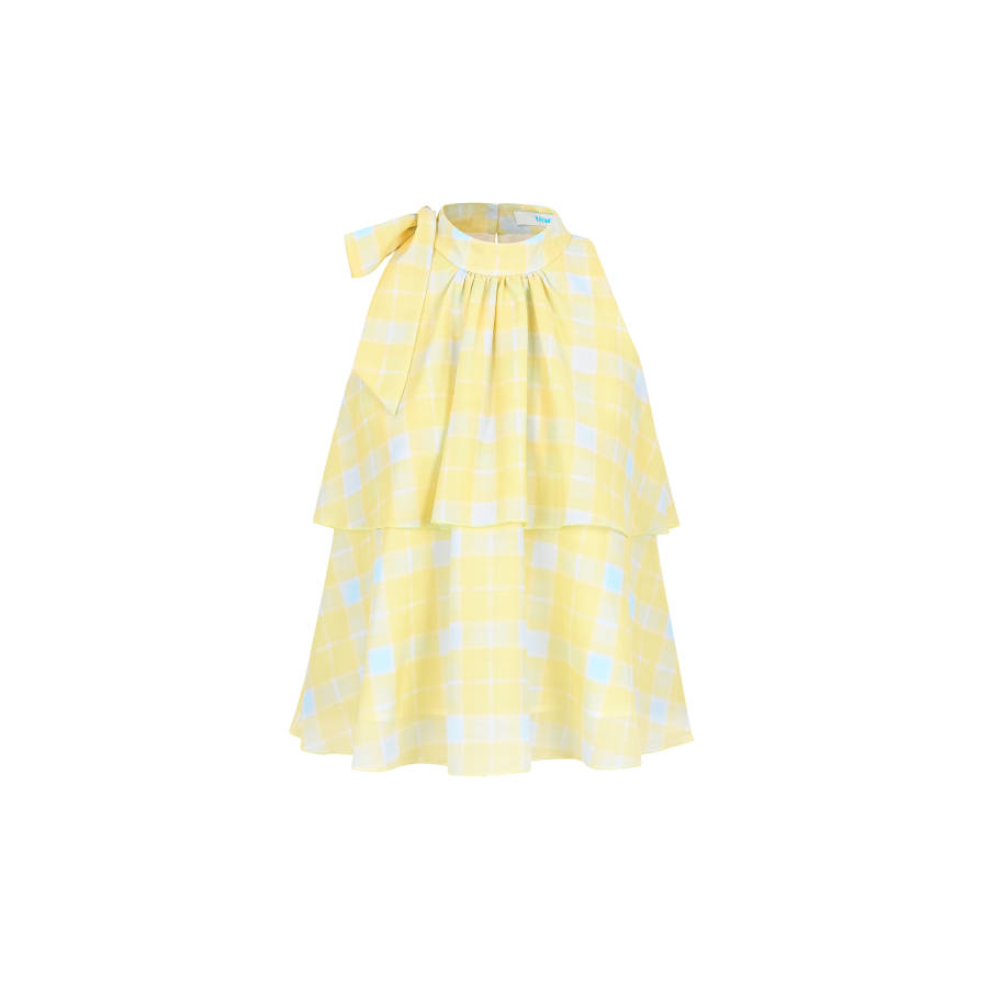 Umoumo Tank Tops Women's Yellow Blue Plaid Scarf Collar Thin Lace Up
