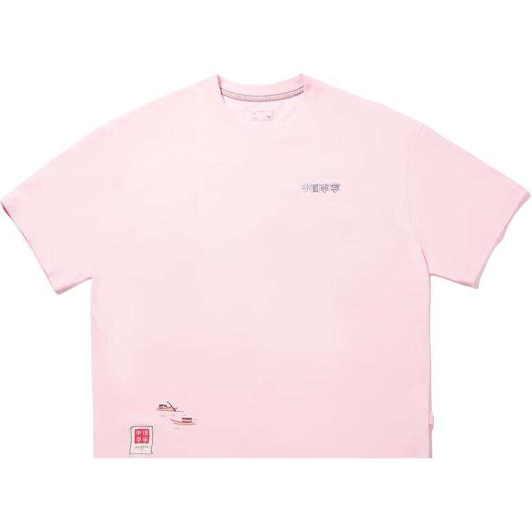 Li-Ning Li Ning T Shirts Men's Ying Pink Crew Neck Moderate Straight Fit
