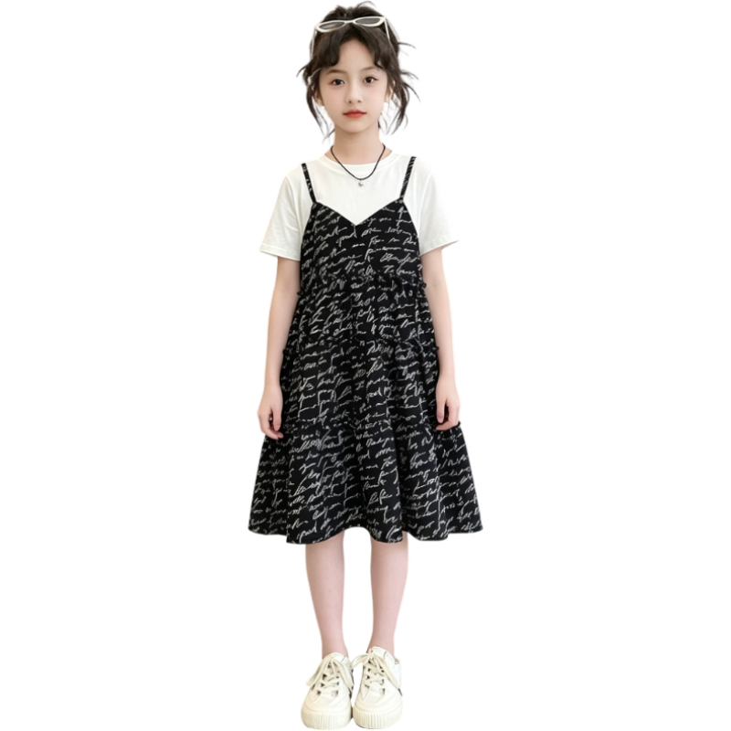 YALU Grade School Dresses Crew Neck Moderate Midi Skirt Stretch