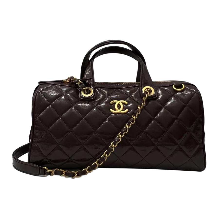 CHANEL Lacquered Finish Pleated Calfskin & Gold Metal Bowling Bag, Shoulder Bag, Handbag Large Women's Dark Brown