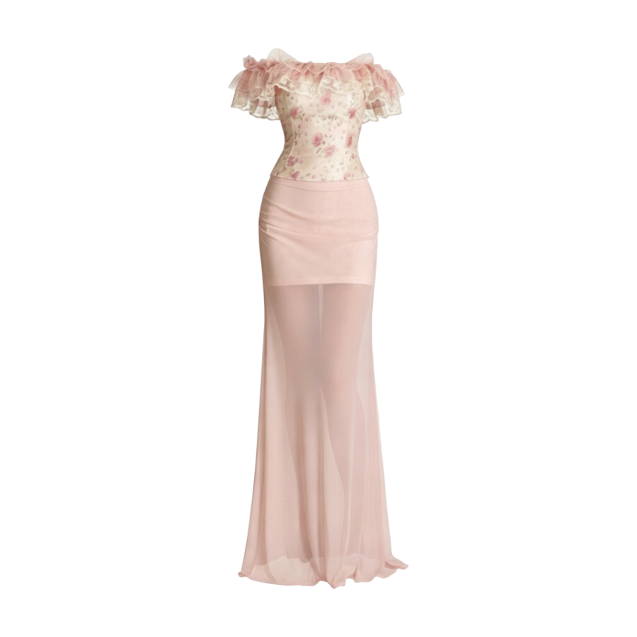 MTHE Two Piece Skirt Sets Women's Pink Off The Shoulder Moderate Long