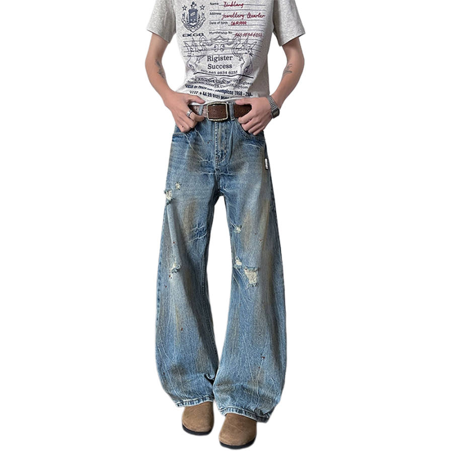 DEERWAY DEERWAY Jeans Unisex Lightning Pattern Bootcut Washed Blue Moderate Straight Fit Pants