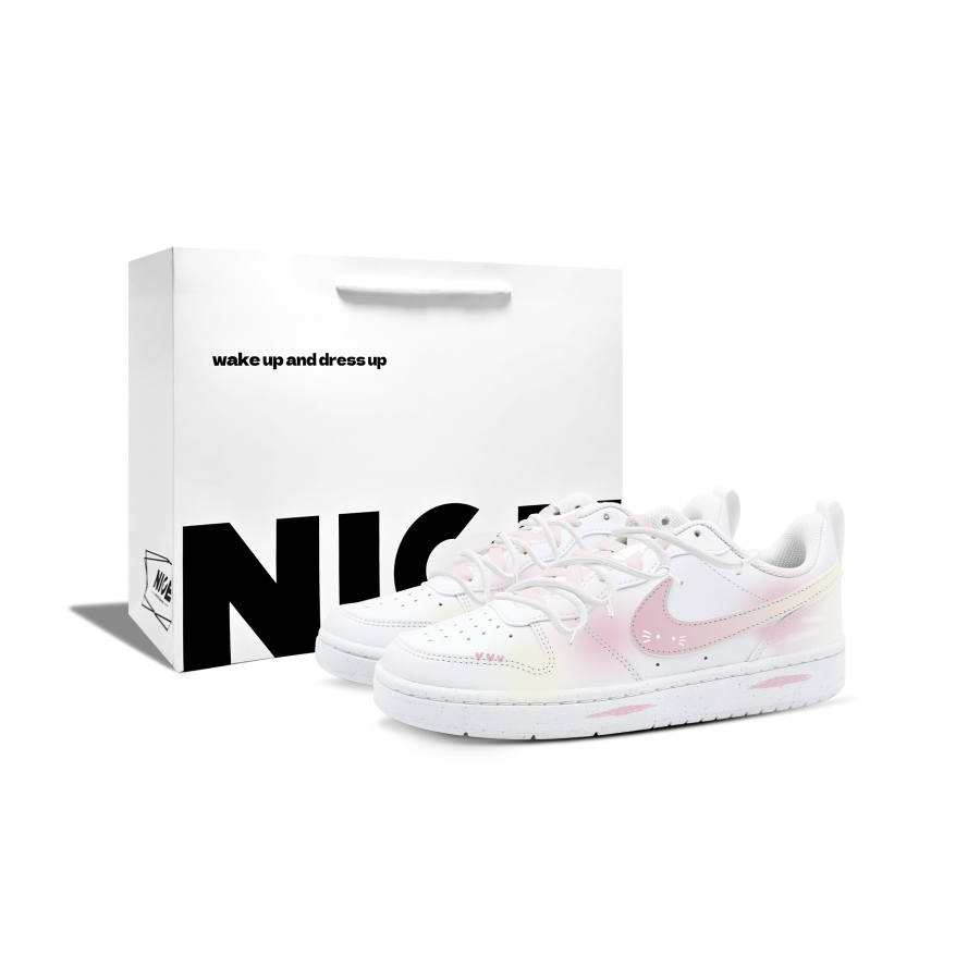 Nike Nike Court Borough Cherry Island BOX Leather Low top Kids' Skateboarding Shoes White/Pink/Yellow Teenagers