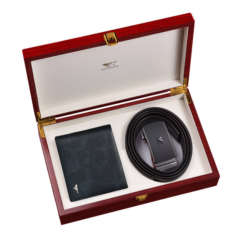 SEPTWOLVES Split Cow Leather Zinc Alloy Automatic Buckle Belt With Wallet Men's 3.5cm