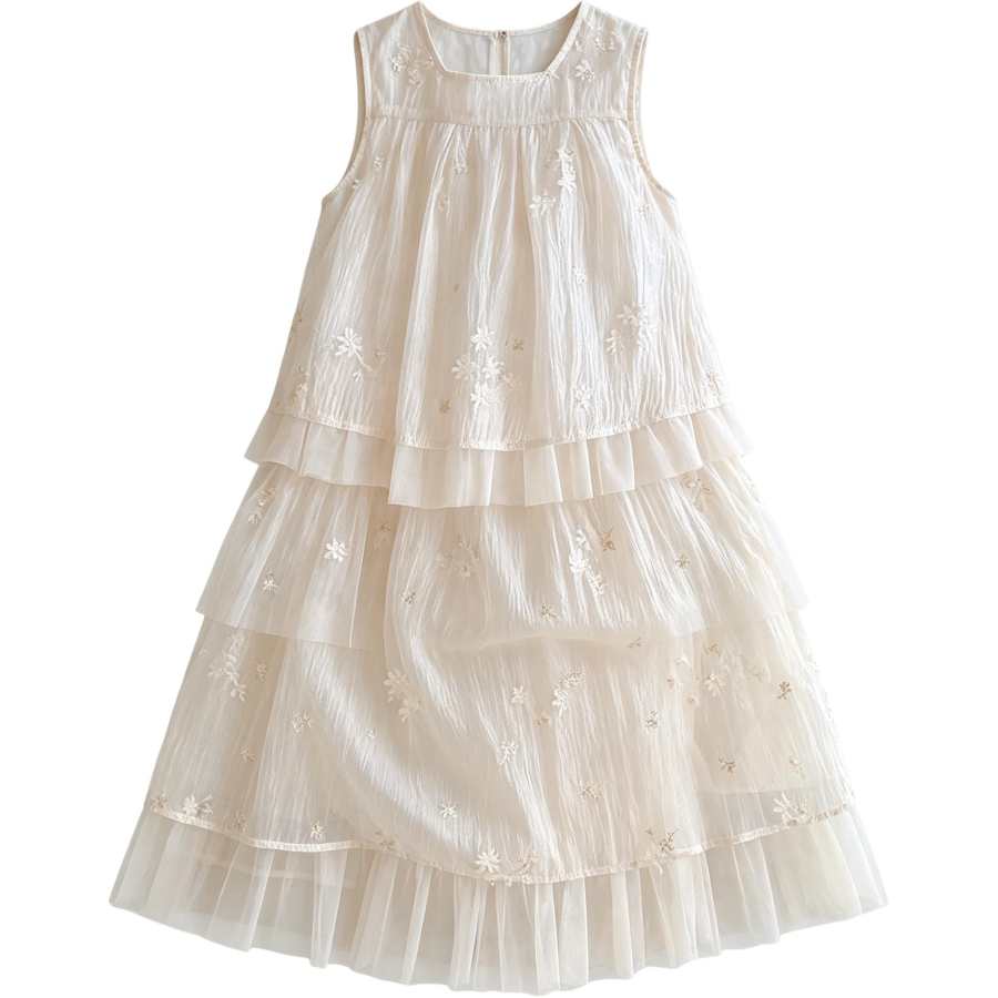 YALU Kids Dresses U Neck Thin Midi Skirt Non Stretch