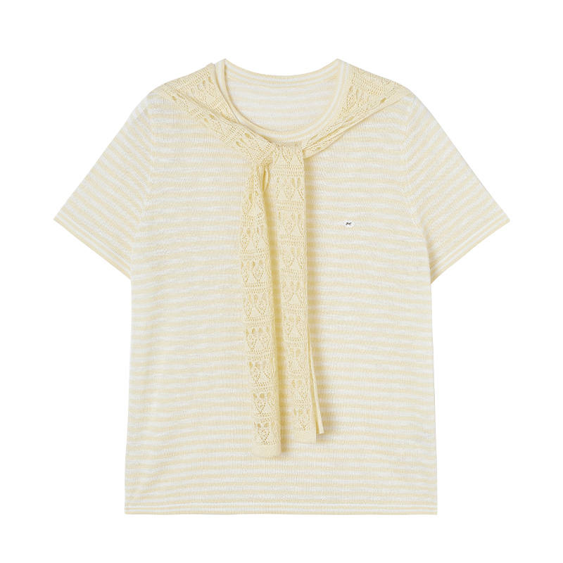 XIANGYING Knitwear Women's Transparent Yellow Crew Neck Thin Mock Two Piece