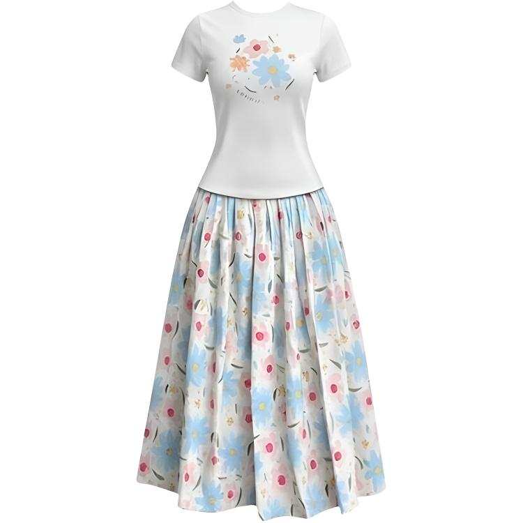 CHARM GLOW Two Piece Skirt Sets Women's Crew Neck Thin Midi Skirt