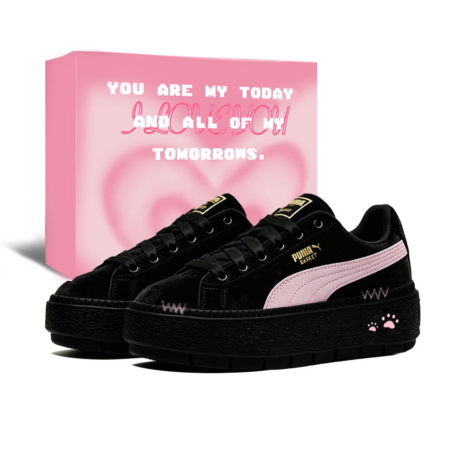 PUMA Platform Trace Black Velvet Pink Cherry Fabric Slip Resistant Cushioning Abrasion Resistant Height Increasing