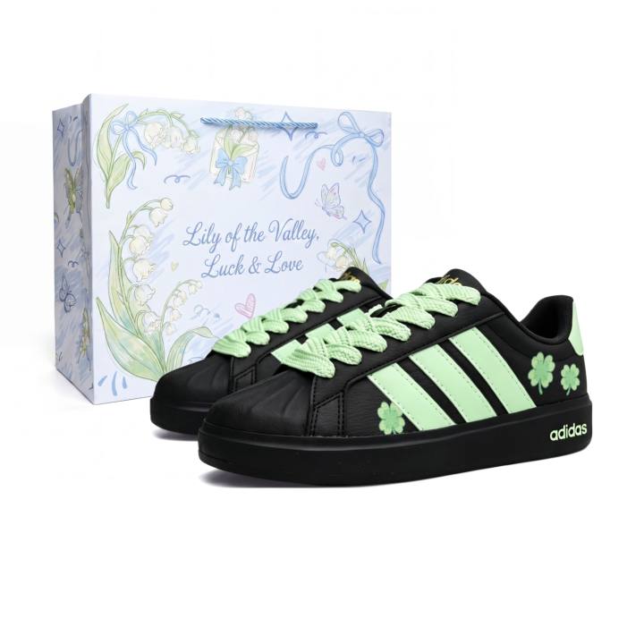 Adidas Adidas Four Leaf Clover Synthetic Leather Abrasion Resistant Breathable Low top Skateboard Shoes Unisex Black Green