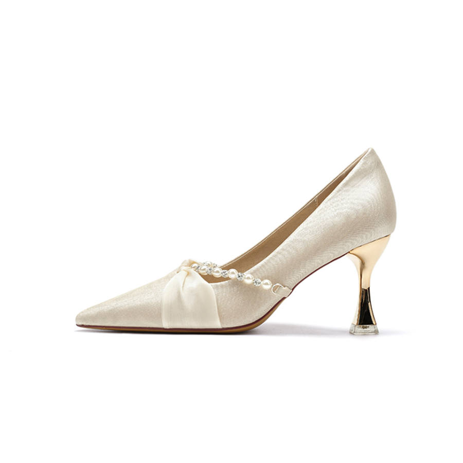Barbie French Satin Shoes Fairy Style Pearl Pointed Toe Low Vamp Unlined Shoes Slim Heel High Heels Women's Apricot