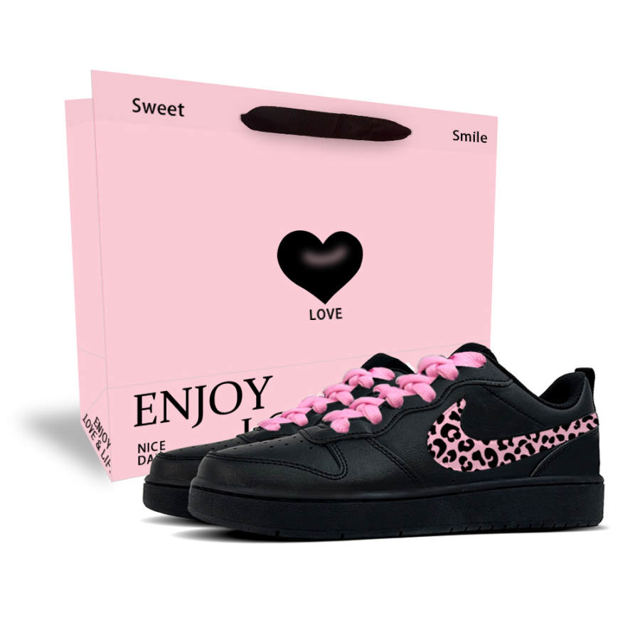 Nike Nike Court Borough Pink Leopard Black Heart 1 Leather Low top Kids' Skateboarding Shoes Black Teenagers
