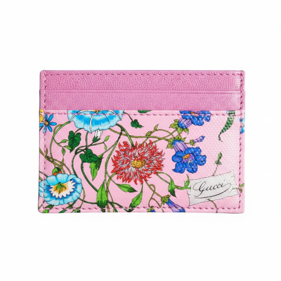 GUCCI Flora Coated Canvas Card Holder Women's Pink
