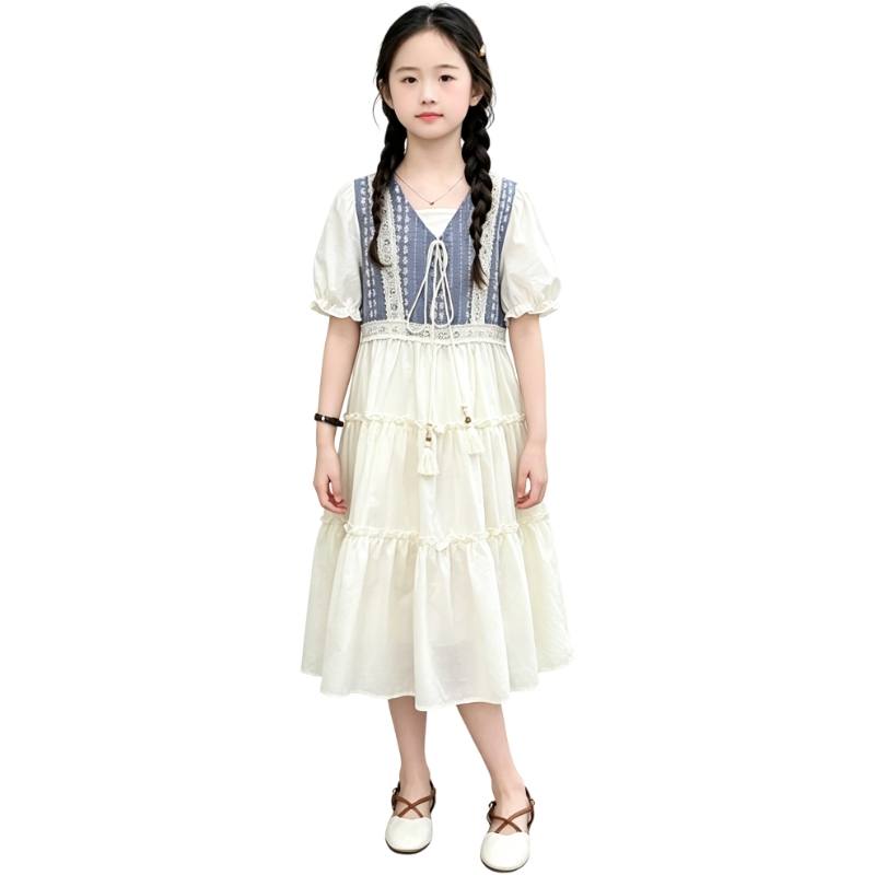 YALU Grade School Dresses Lapel Moderate Midi Skirt Stretch