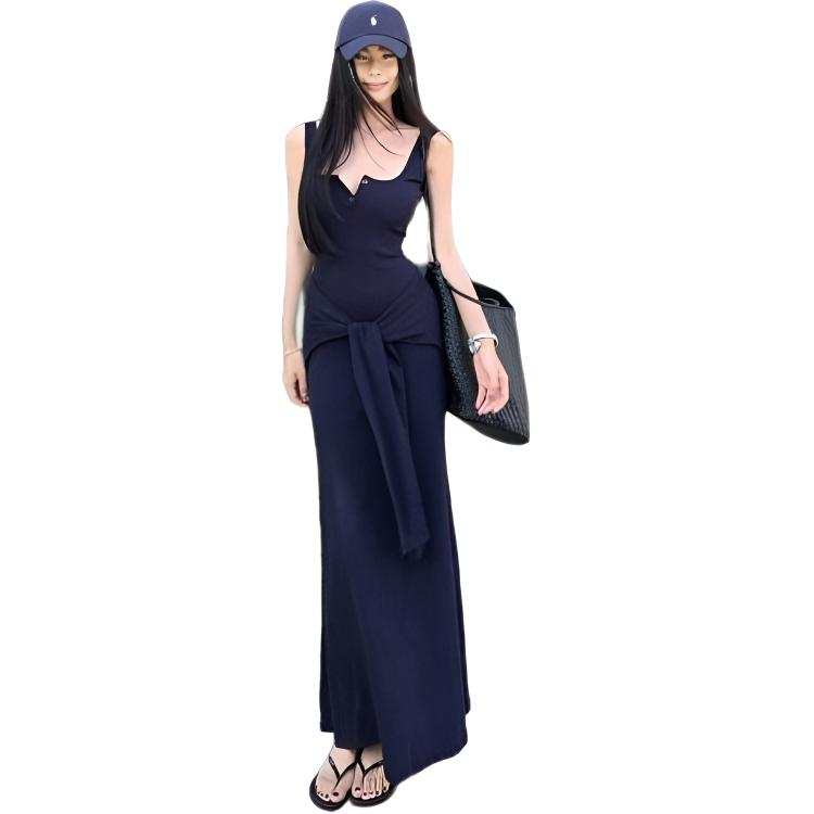 Cotton Gene Slip Dresses Women's Blue Camisole Moderate Long Skirt
