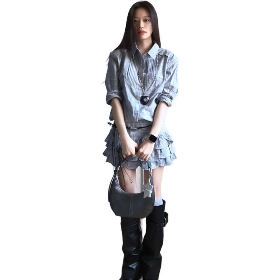 Cotton Gene Two Piece Skirt Sets Women's Lapel Moderate Short Skirt