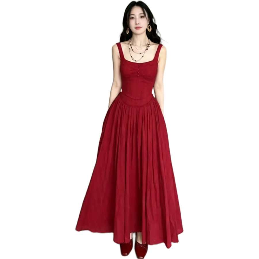 Cotton Gene Slip Dresses Women's Red Camisole Moderate Long Skirt