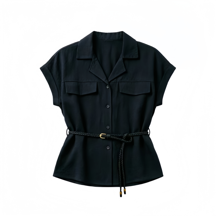 DUSHE Shirts Women's Black Lapel Moderate Nipped In Waist