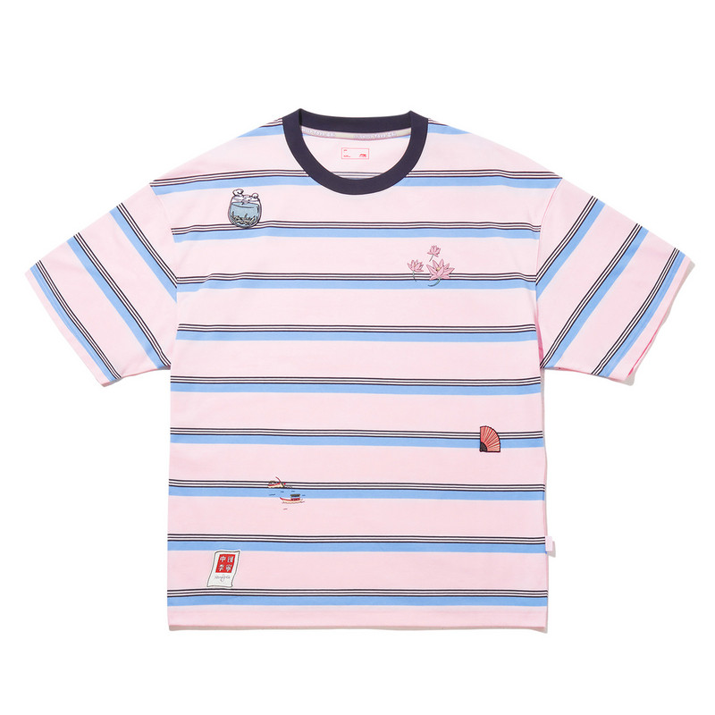 Li-Ning Li Ning T Shirts Men's Pink Set Crew Neck Moderate Straight Fit