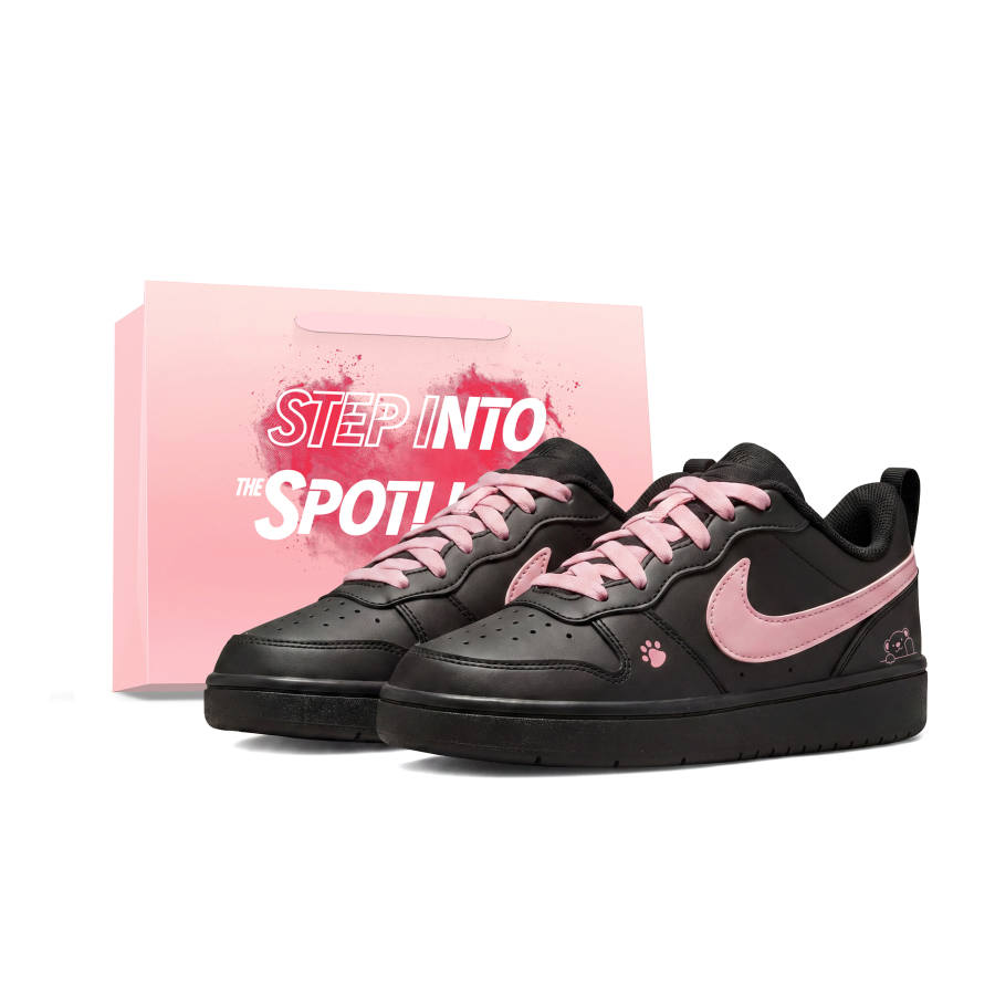 Nike Nike Court Borough Pink Paw Bear, Special Shopping Bag Leather Low top Kids' Skateboarding Shoes Black Pink Teenagers