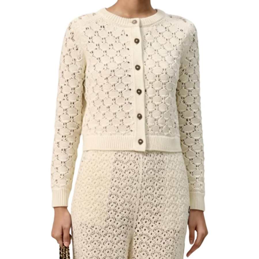 CHANEL Knitwear Women's Ecru Crew Neck Moderate Straight Fit
