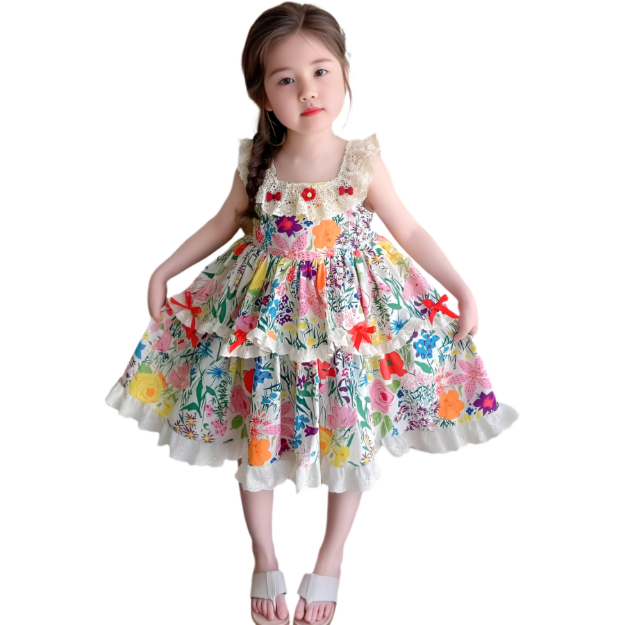TNTX Kids Dresses Square Collar Thin Midi Skirt Non Stretch