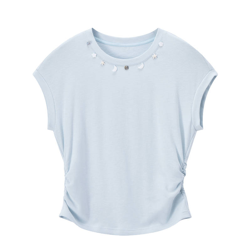 XIANGYING T Shirts Women's Nautical Blue Crew Neck Thin Straight Fit