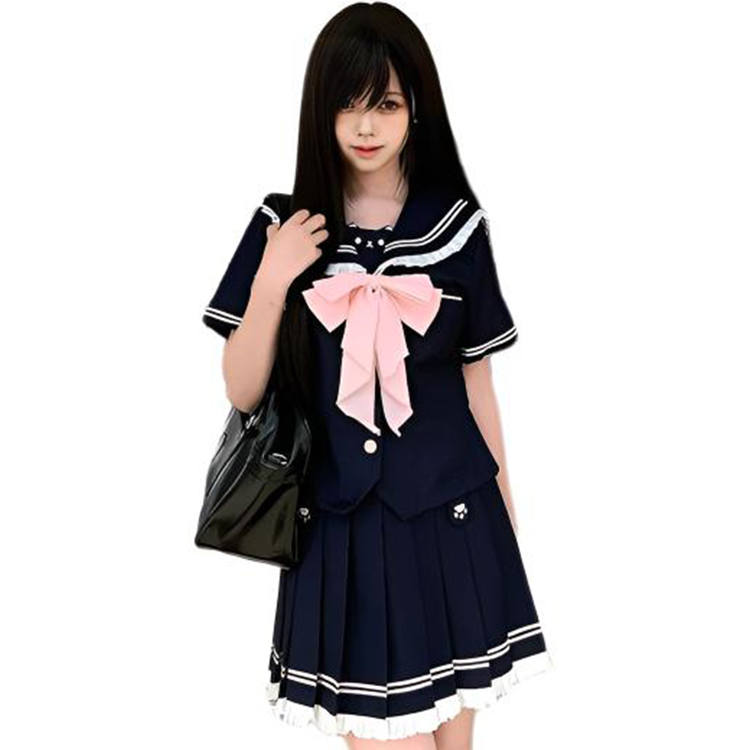 Cotton Gene Two Piece Skirt Sets Women's Navy Collar Moderate Short Skirt