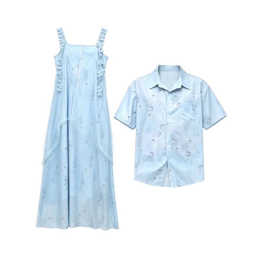 TUSHIFEI Couple Sets Women's Polo Collar Moderate Long Skirt