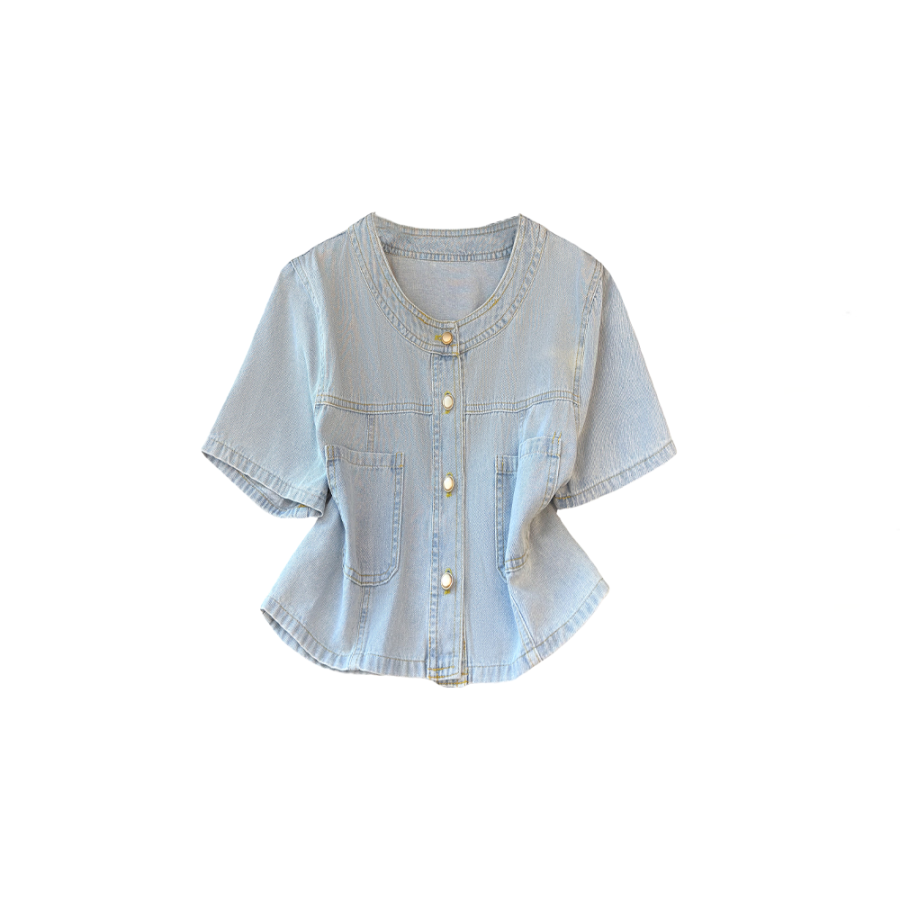 CPAURA Shirts Women's Light Blue Crew Neck Moderate Denim