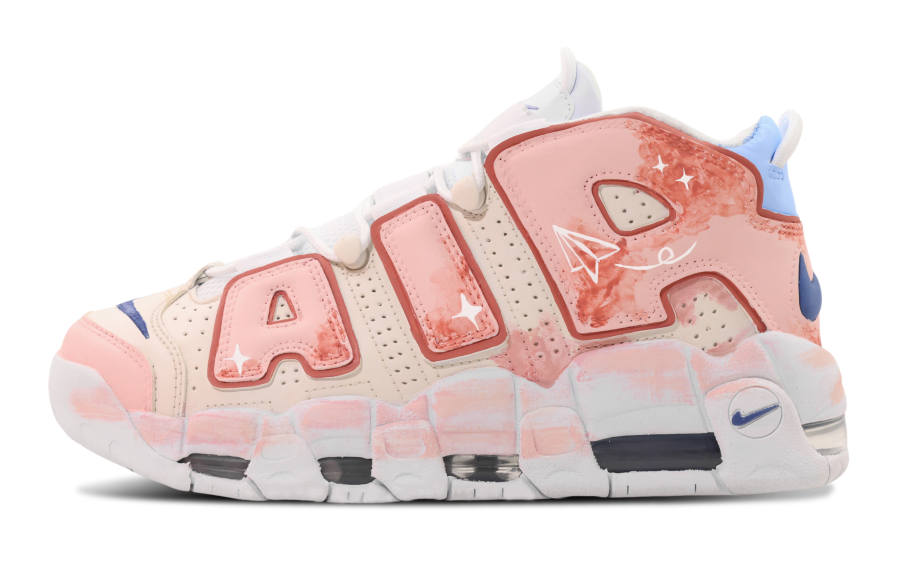 Nike Nike Air More Uptempo Slip Resistant Cushioning Abrasion Resistant Mid top Children's Basketball Shoes Pink Blue