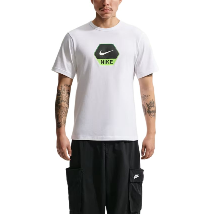 Nike Nike T Shirts Men's White/Electric Glow Green Crew Neck Moderate