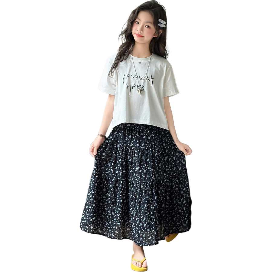 PLANDOO Kids Two Piece Skirt Sets Crew Neck Moderate Midi Skirt Non Stretch