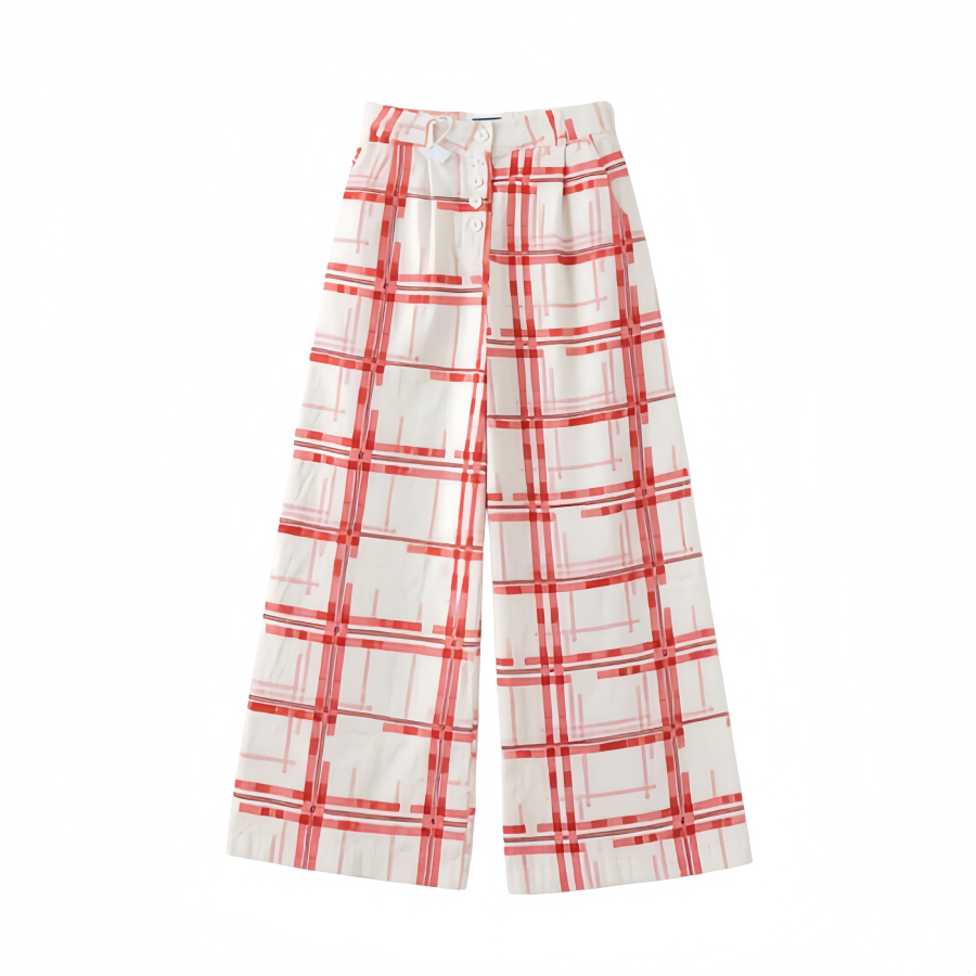 DUSHE Casual Pants Women's Ecru Base Red Plaid Thin Wide Leg Pants