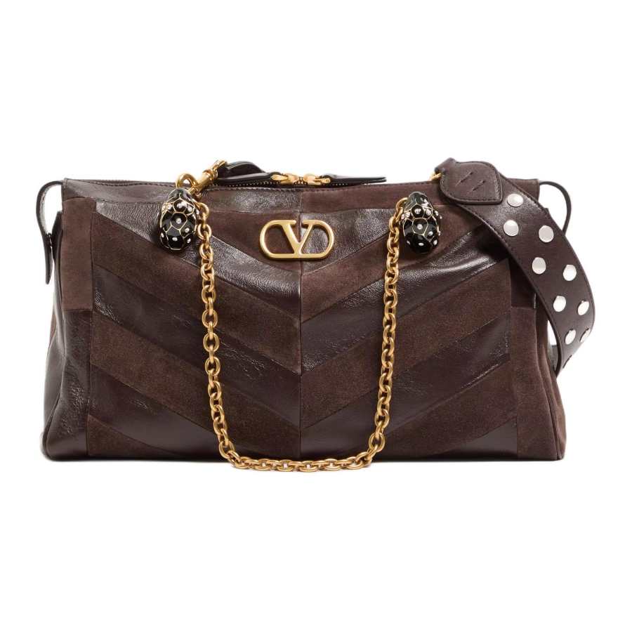 Valentino Garavani Suede Cow Leather With Shiny Sheepskin Shoulder Bag Medium Women's Brown
