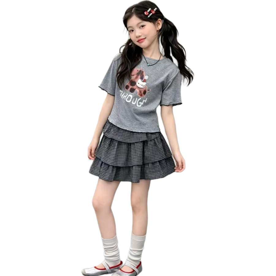 PLANDOO Kids Two Piece Skirt Sets Crew Neck Moderate Short Skirt Stretch