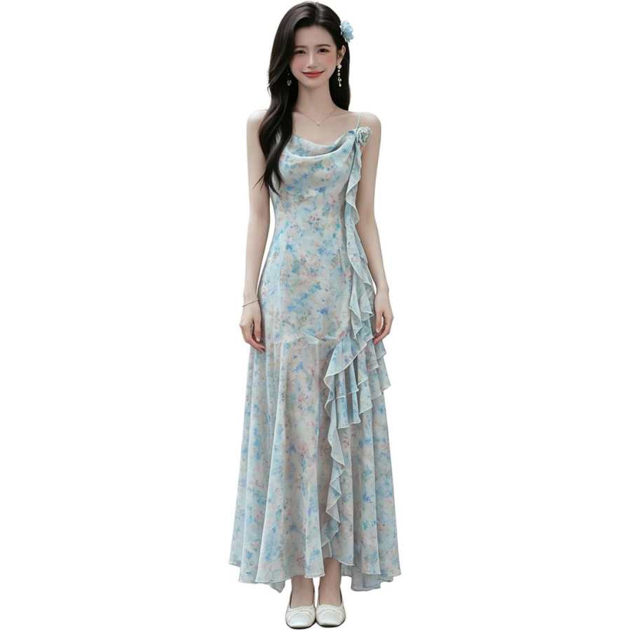 VENICEW Slip Dresses Women's Light Blue Blended Multicolor Camisole Thin Long Skirt