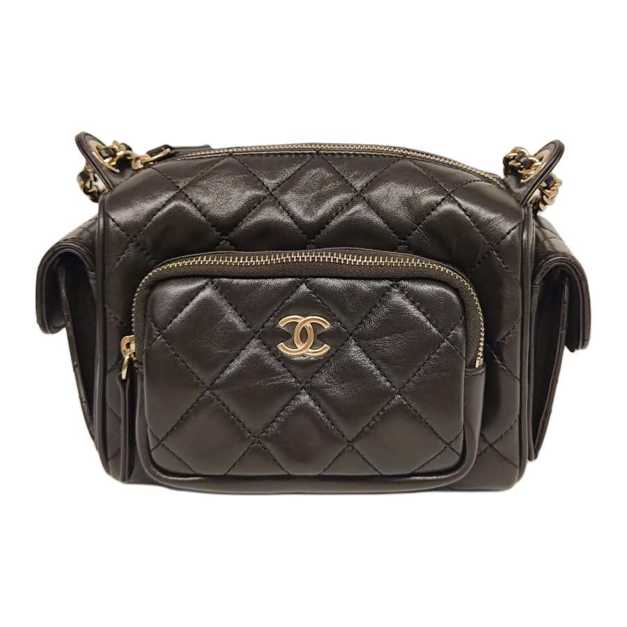CHANEL Shiny Wrinkle Lambskin Camera Bag, Shoulder Bag, Crossbody Bag Small Women's Dark Brown