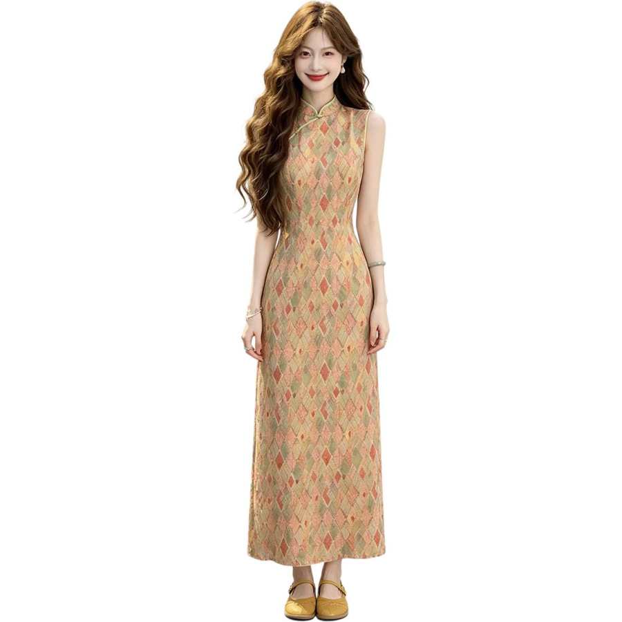 JBBCN Sleeveless Dresses Women's Diamond Pattern Pink Green Yellow Multicolor Stand Collar Thin Long Skirt