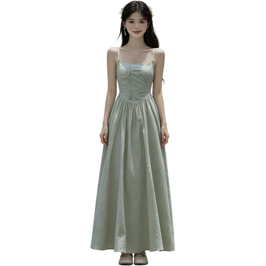 VENICEW Slip Dresses Women's Light Green Camisole Thin Long Skirt
