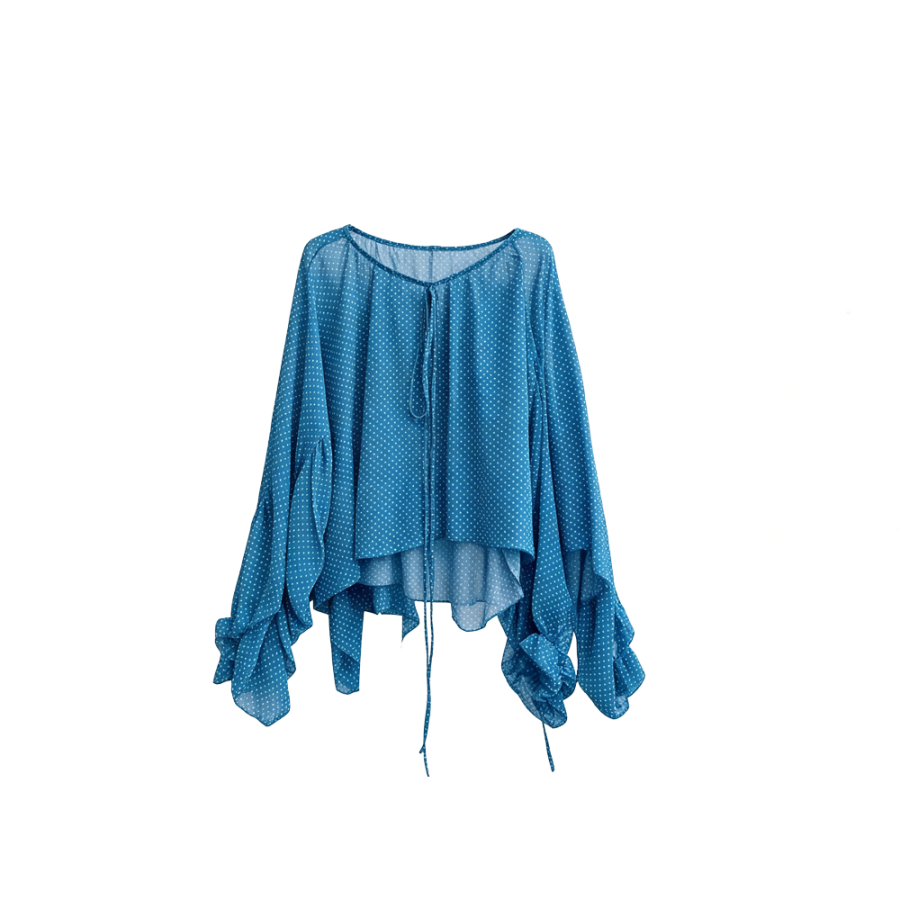 CPAURA Chiffon Shirts Women's Blue Polka Dot Off The Shoulder Thin