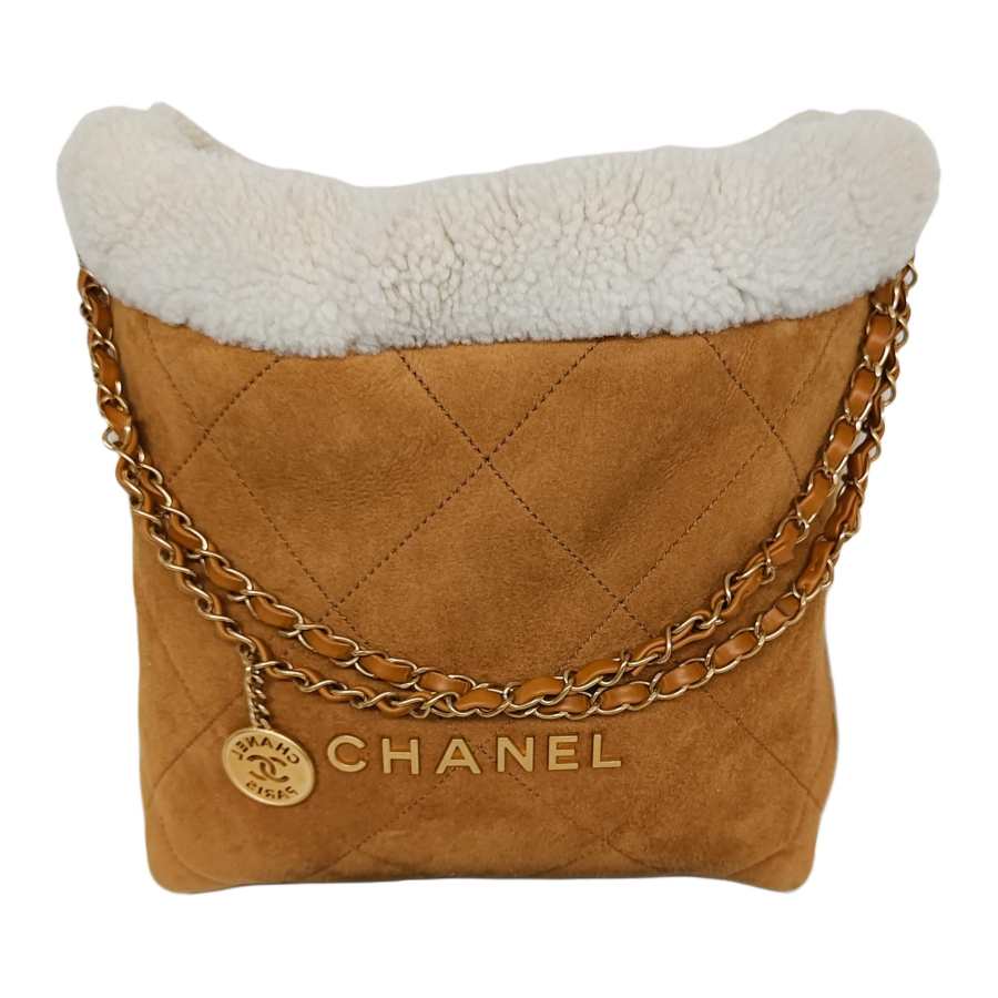 CHANEL 22Bag Suede Lambskin Trash Bag, Shoulder Bag Small Women's Beige & White