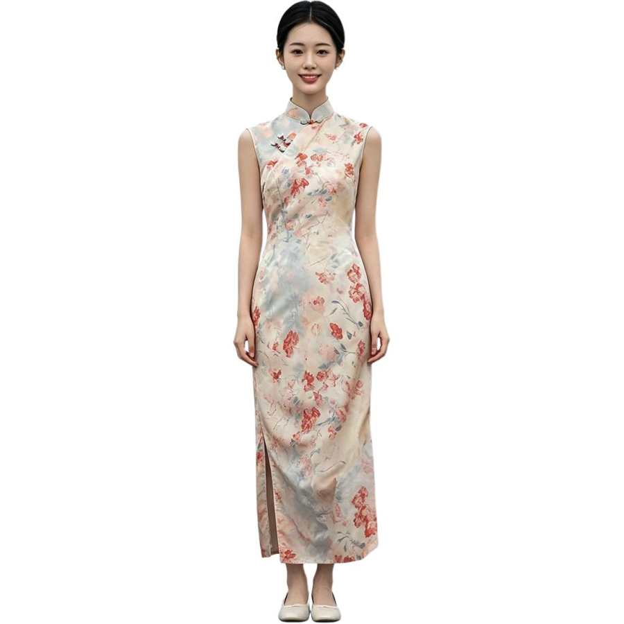 JBBCN Sleeveless Dresses Women's Light Pink With Red Floral Stand Collar Thin Long Skirt