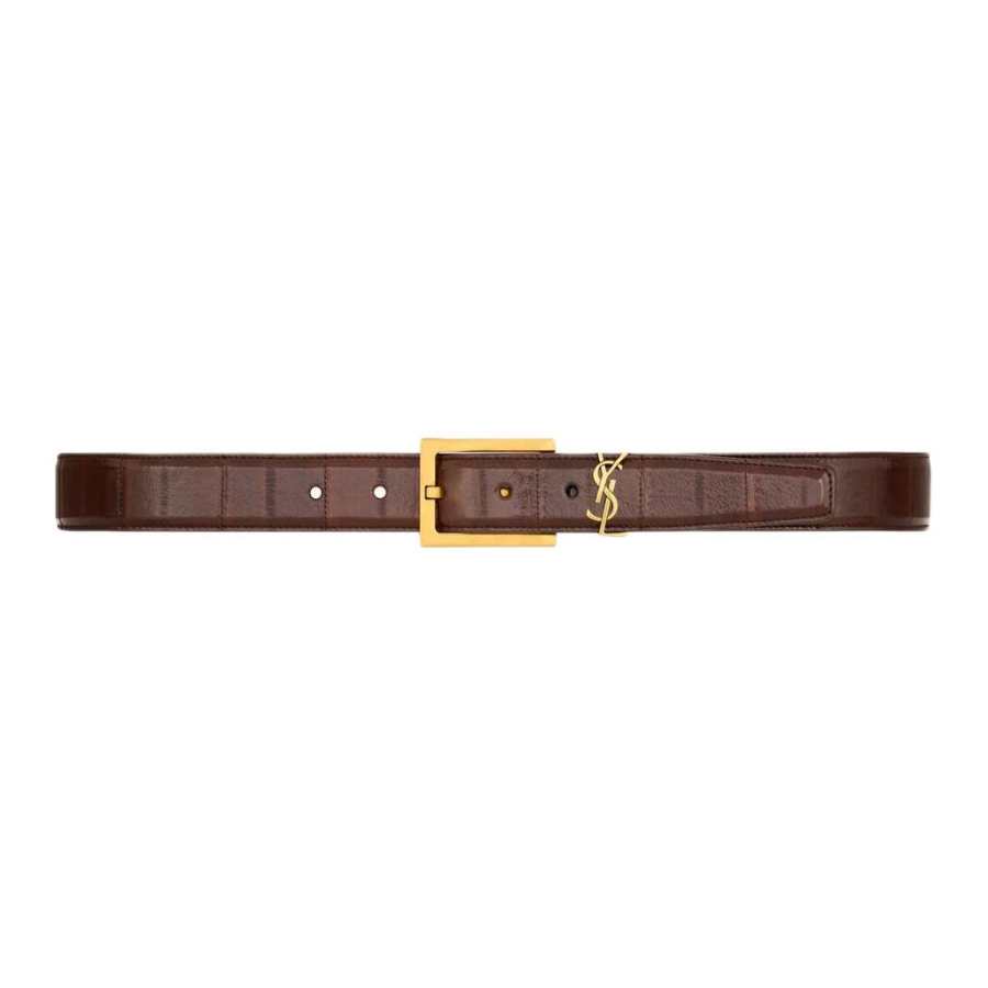 SAINT LAURENT Brass Eel Skin Leather Belts Unisex Scottish Brown Width 3cm