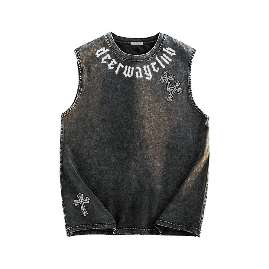 DEERWAY Tank Tops Unisex Black Washed Distressed 100% Cotton Crew Neck Thin Straight Fit