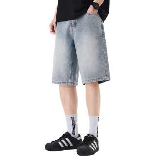 Tonlion Denim Shorts Unisex Light Blue Thin Straight Fit Pants