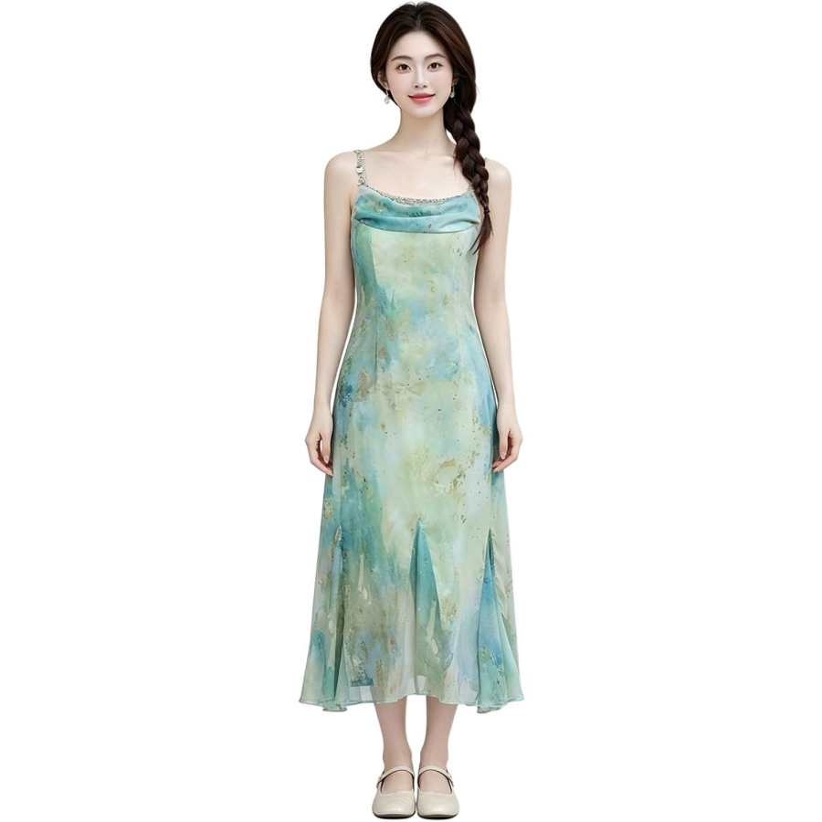 VENICEW Slip Dresses Women's Turquoise Tie Dye Camisole Thin Long Skirt