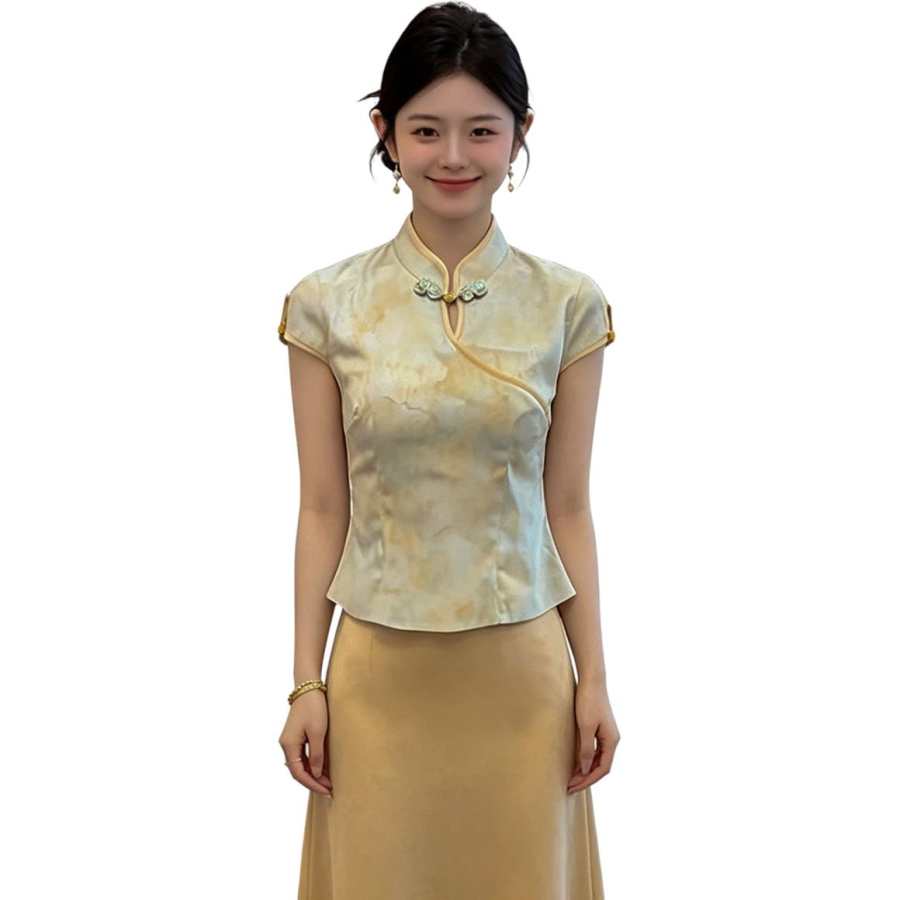 JBBCN T Shirts Women's Light Yellow & Warm Yellow Stand Collar