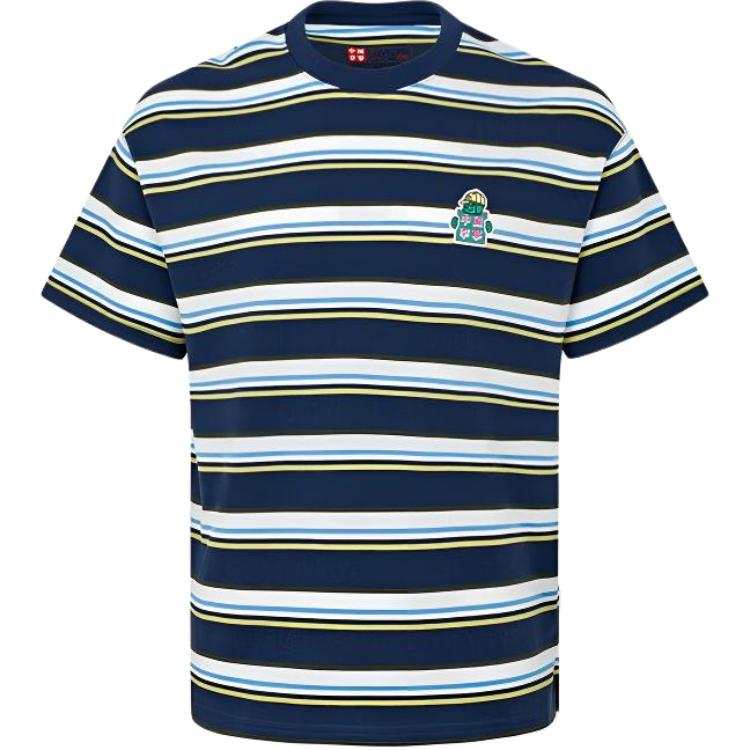Li-Ning Li Ning T Shirts Unisex Dark Ship Blue Stripes Crew Neck Moderate Straight Fit