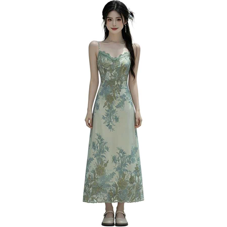 VENICEW Slip Dresses Women's Green Camisole Thin Long Skirt